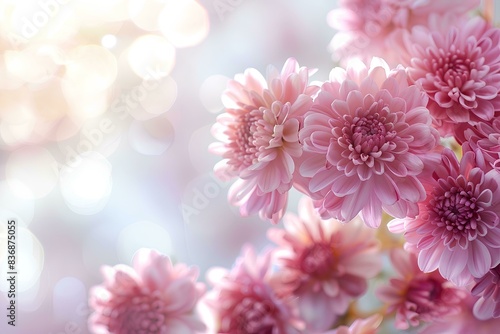 Pink chrysanthemum flowers on pastel background with copy space for text, floral border frame banner template border design nature concept. Blurred spring background