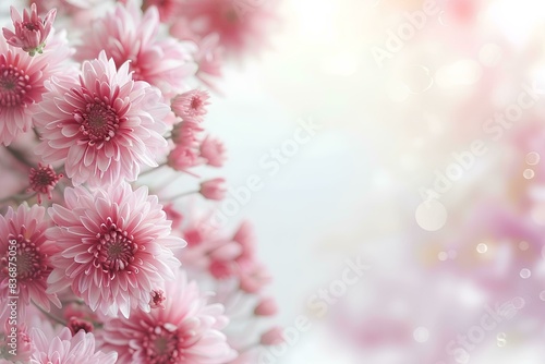 Pink chrysanthemum flowers on pastel background with copy space for text  floral border frame banner template border design nature concept. Blurred spring background