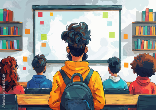 Students Listening to Teacher in Classroom, Minimalist Educational Illustration, Learning and Teaching Concept, Group of Students with Backpacks in Modern Classroom Environment, Daytime Academic Scene