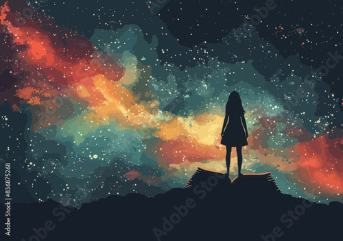 Woman Exploring Space Through Monoculars While Standing on a Book, Business Illustration, Minimalistic Vector Art, Night Sky, Knowledge and Discovery Concept