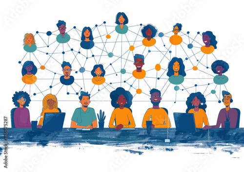 Minimalistic Illustration of Teleconferencing Network Communication with Diverse Team Members in a Business Setting