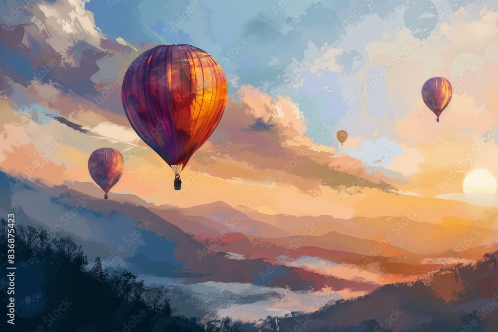 Colorful hot air balloons soar over scenic mountains against a vibrant sunset sky Colorful hot air balloons soar over scenic mountains against a vibrant sunset sky