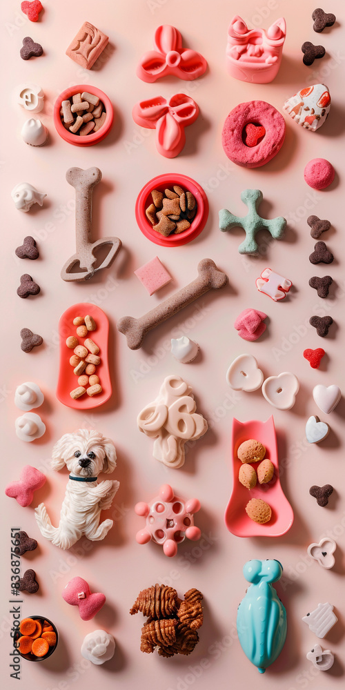 Pet accessories and food of different shapes, arranged on a light isolated background Pet accessories and food of different shapes, arranged on a light isolated background
