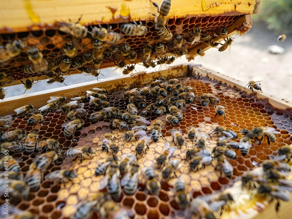 Busy Beehive with Bees Producing Honey in Honeycomb Structure Busy Beehive with Bees Producing Honey in Honeycomb Structure