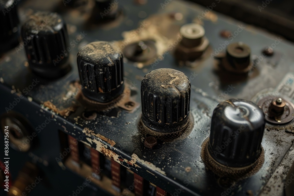 Closeup of weathered and dusty control knobs on an old analog machine panel Closeup of weathered and dusty control knobs on an old analog machine panel