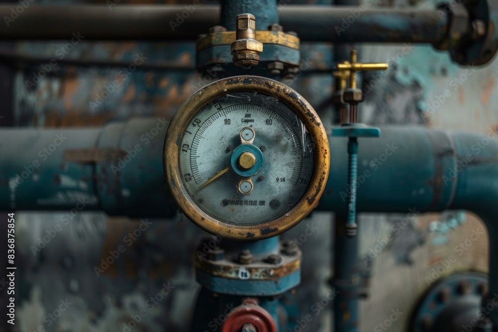 Closeup of an old, weathered pressure gauge installed on a network of metal pipes Closeup of an old, weathered pressure gauge installed on a network of metal pipes