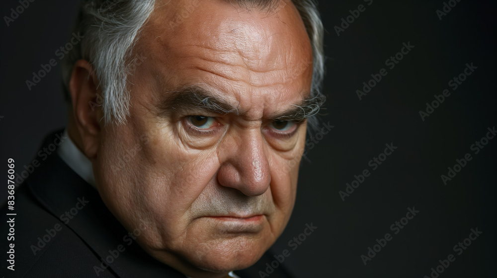 Stern, older man with silver hair and furrowed brows, wearing a suit, giving an intense, displeased look, set against a dark background. Stern, older man with silver hair and furrowed brows, wearing a suit, giving an intense, displeased look, set against a dark background.