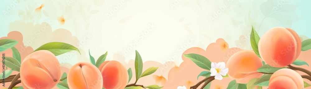 A beautiful illustration of ripe peaches on branches with green leaves set against a soft pastel background. Perfect for spring or summer themes. A beautiful illustration of ripe peaches on branches with green leaves set against a soft pastel background. Perfect for spring or summer themes.