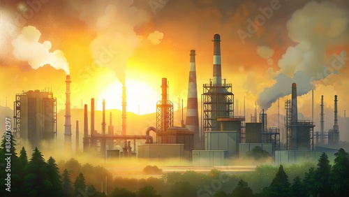 Oil refinery at dawn, misty landscape, chimneys, serene and industrial, early morning atmosphere