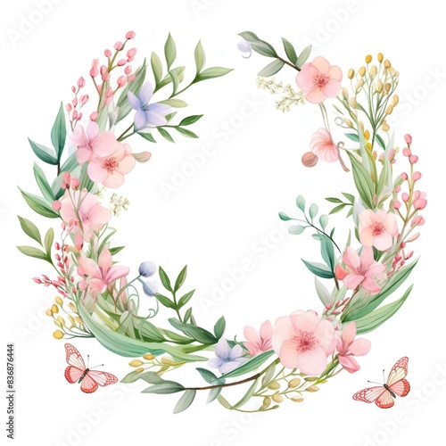 A cute pastel wreath watercolor painting texture, Perfect for nursery art and children's book illustration style, simple, cute, full color, clipart