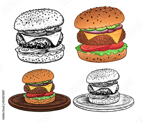 Vector hand drawn sketchy illustrations collection of burger sandwich fast food meal with cutlet and cheese.