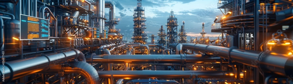 Advanced industrial plant with glowing interfaces, twilight ambience, detailed piping and structures, dynamic overlays, digital economy theme Advanced industrial plant with glowing interfaces, twilight ambience, detailed piping and structures, dynamic overlays, digital economy theme