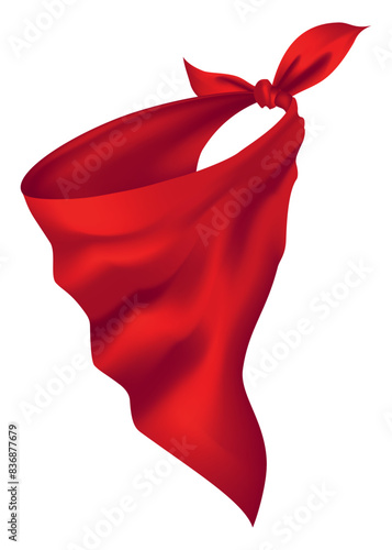 Red realistic bandana on neck. Youth fashion neck scarf or cowboy garment element template. Biker face scarf, bandanna neck shawl. Blank handkerchief unisex uniform. Western clothes