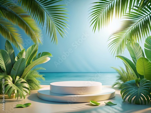 Elegant Round Podium for Product Display on Tropical Beach with Palm Leaves and Ocean Background, Perfect for Presentations, Advertisements, and Marketing Campaigns