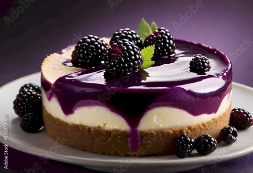 Cheesecakes topped with blackberries, with a purple glaze dripping down the sides, set on a dark surface with scattered berries around them, Generative AI.