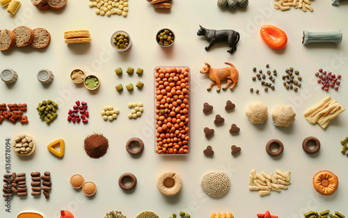 Wallpaper Mural Pet food and accessories in different shapes, arranged on a light isolated background Torontodigital.ca