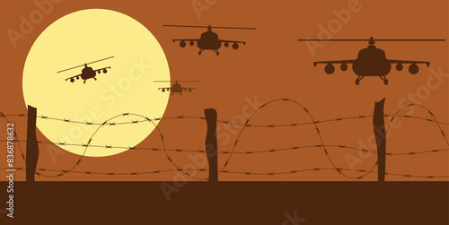 Helicopters Silhouettes and Barbed Wire in War Zone. War and military service concept vector art