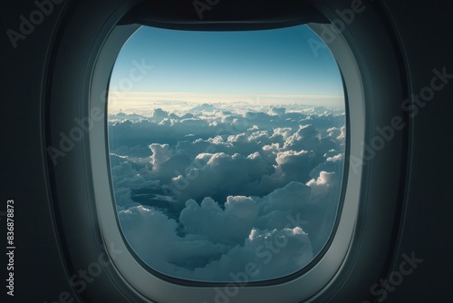 Serene sky view of fluffy clouds basked in sunlight from an aircraft s porthole