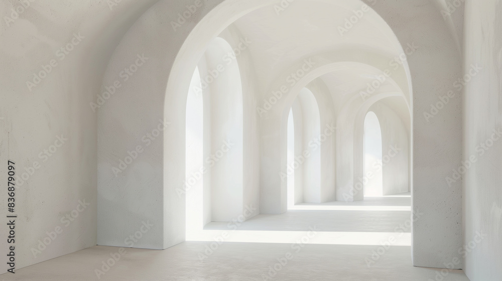 A bright white room featuring elegant arches and ample natural light. The minimalist design creates a serene and open atmosphere, perfect for modern interiors A bright white room featuring elegant arches and ample natural light. The minimalist design creates a serene and open atmosphere, perfect for modern interiors