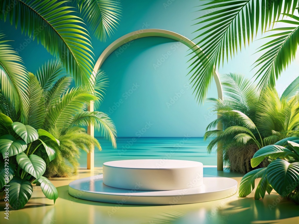 Elegant Round Podium for Product Display with Tropical Background, Ideal for Showcasing Modern Products in a Vibrant and Fresh Setting, Perfect for Advertising, Marketing, and Presentation Purposes Elegant Round Podium for Product Display with Tropical Background, Ideal for Showcasing Modern Products in a Vibrant and Fresh Setting, Perfect for Advertising, Marketing, and Presentation Purposes
