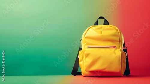 Yellow school bag isolated on a colorful gradient of green and red.