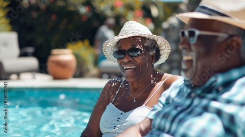 close-up of an African american elderly people having a great time together by the pool in the summer tropical vacation. Wellness Getaway, Spa Vacation and Retirement Bliss