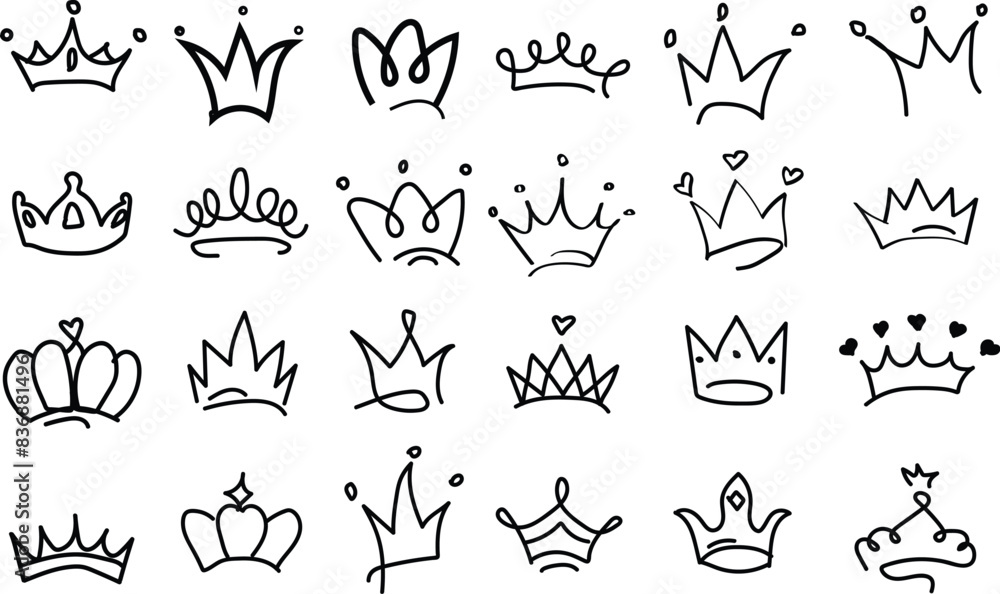 Fototapeta premium Crowns hand drawn icon set. Doodle crown collection. Queen or king crowns. Vector illustration.eps10
