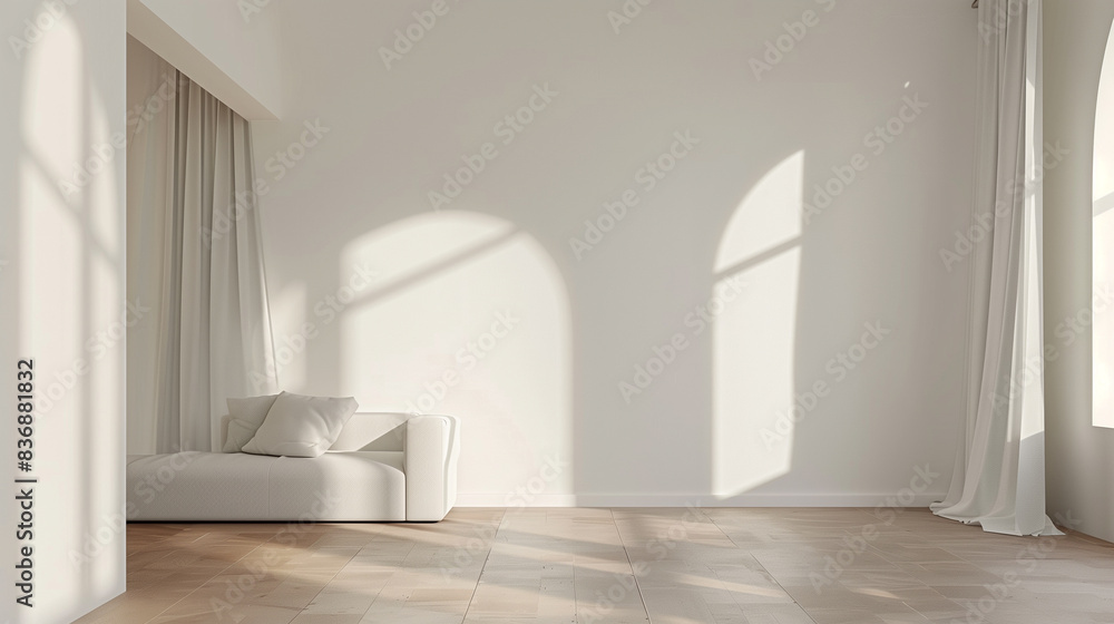 A bright white room featuring a comfortable couch and elegant arches, with sunlight streaming in. The minimalist design creates a serene and inviting atmosphere A bright white room featuring a comfortable couch and elegant arches, with sunlight streaming in. The minimalist design creates a serene and inviting atmosphere