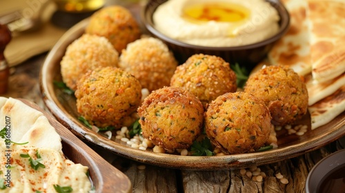 Closeup of a plate of falafel, featuring crispy chickpea balls, served with hummus and pita bread, all set on a rustic wooden table in a cozy Middle Eastern restaurant atmosphere