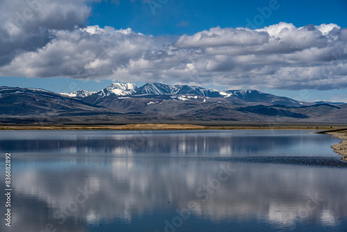 landscape of the surroundings of the village of Kosh Agach mountains with lakes and unusual landscapes in the southern regions of Altai in May