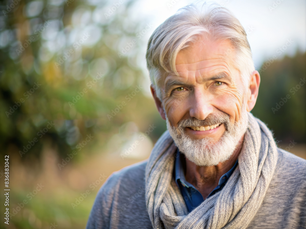 Senior Man Smiling Outdoors in Autumn, Wearing a Scarf and Sweater, with a Blurred Natural Background, Capturing the Essence of Mature Happiness and Contentment in a Serene Outdoor Setting Senior Man Smiling Outdoors in Autumn, Wearing a Scarf and Sweater, with a Blurred Natural Background, Capturing the Essence of Mature Happiness and Contentment in a Serene Outdoor Setting
