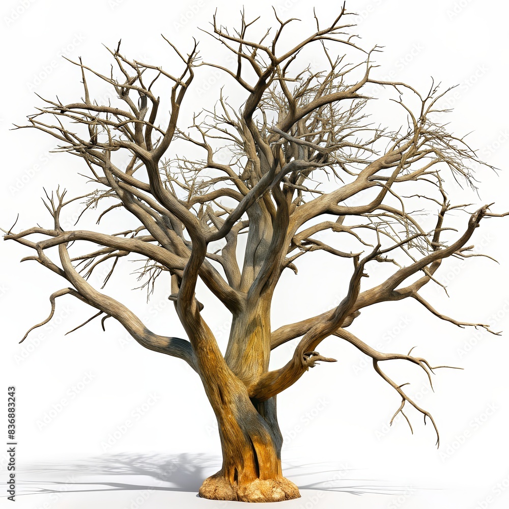 Majestic Leafless Tree with Intricate Branches Against a White Background - Nature's Artistry in Winter or Drought Season Majestic Leafless Tree with Intricate Branches Against a White Background - Nature's Artistry in Winter or Drought Season