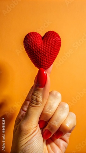A hand holding a red heart on a white background, a closeup photo of a woman's finger with a love symbol isolated on a grey pastel colored background in the style of a minimalistic
