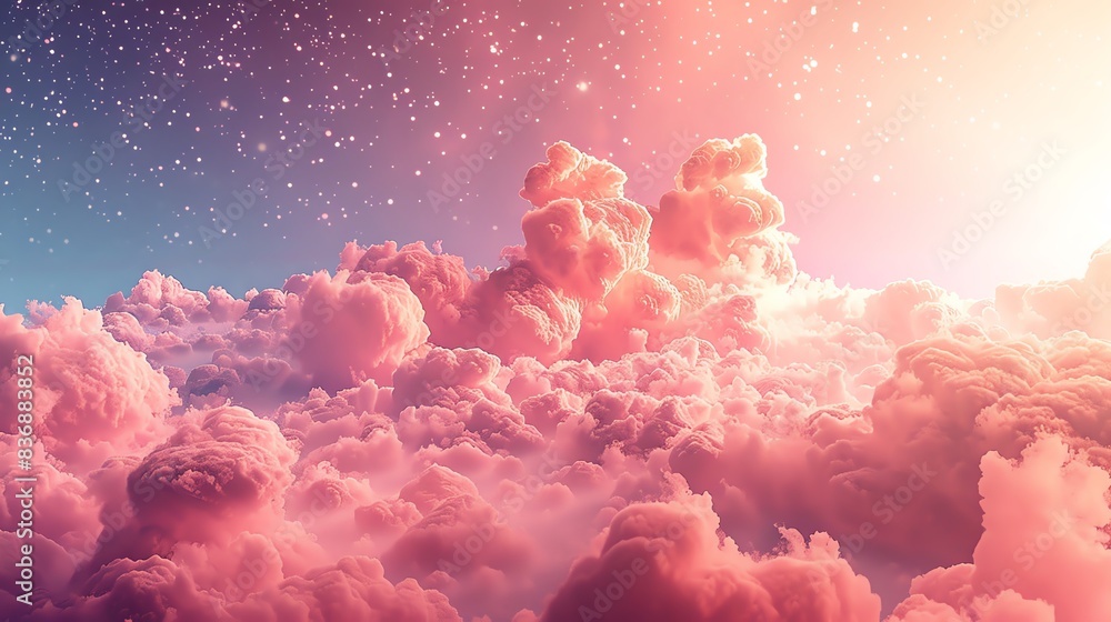 Generate a image of pink clouds during the day with a hint of blue sky and stars. Make the clouds look soft and pillowy. Generate a image of pink clouds during the day with a hint of blue sky and stars. Make the clouds look soft and pillowy.