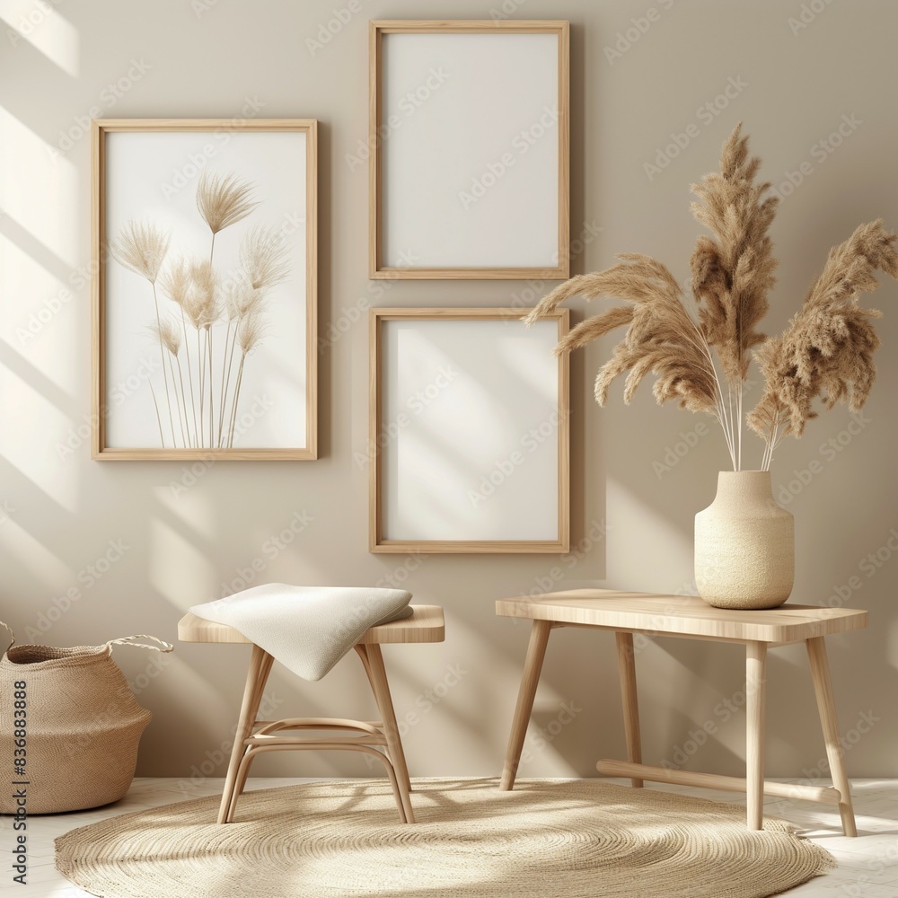 Multi frame mockup, home room interior with sofa, framed wall poster Multi frame mockup, home room interior with sofa, framed wall poster