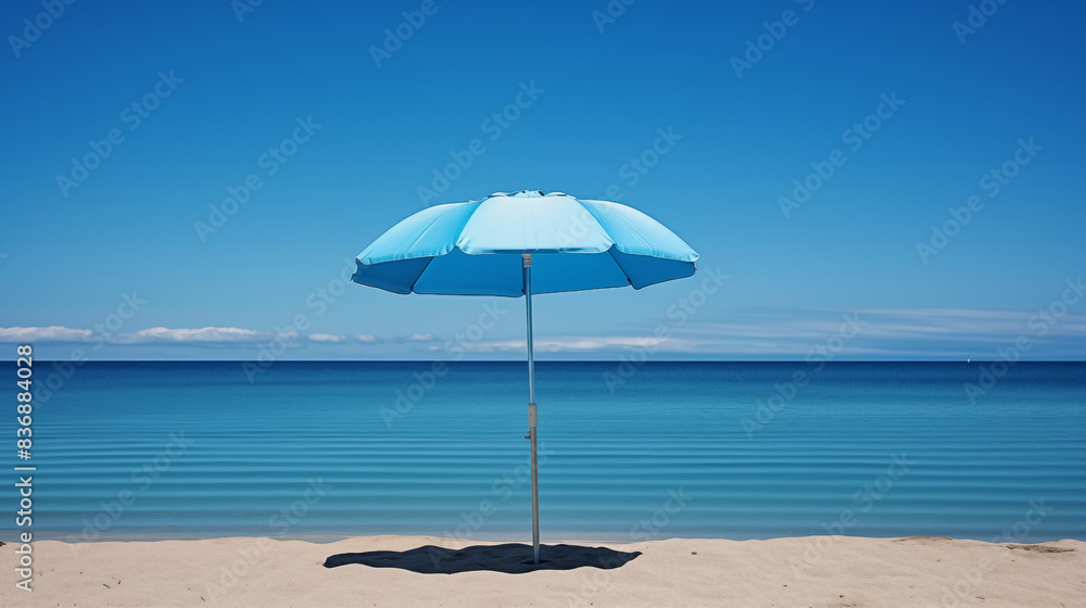 Gros plan sur un parasol déployé au bord de mer. Vue sur un paysage maritime, eau, océan. Plage, sable. Vacances, été, soleil. Bleu. Pour conception et création graphique. Gros plan sur un parasol déployé au bord de mer. Vue sur un paysage maritime, eau, océan. Plage, sable. Vacances, été, soleil. Bleu. Pour conception et création graphique.