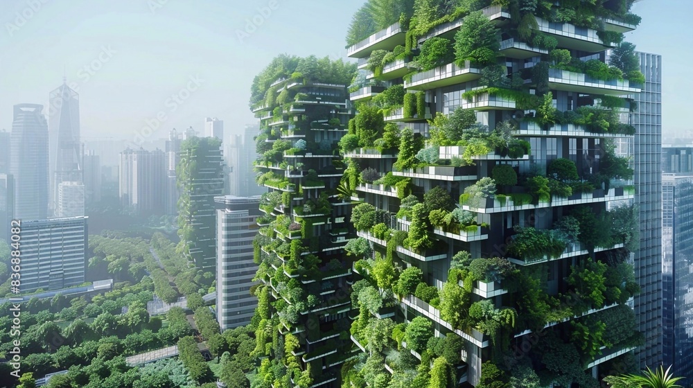 Lush urban landscape featuring eco-friendly skyscrapers with vertical gardens and abundant greenery. Showcasing innovative architecture and sustainable city living