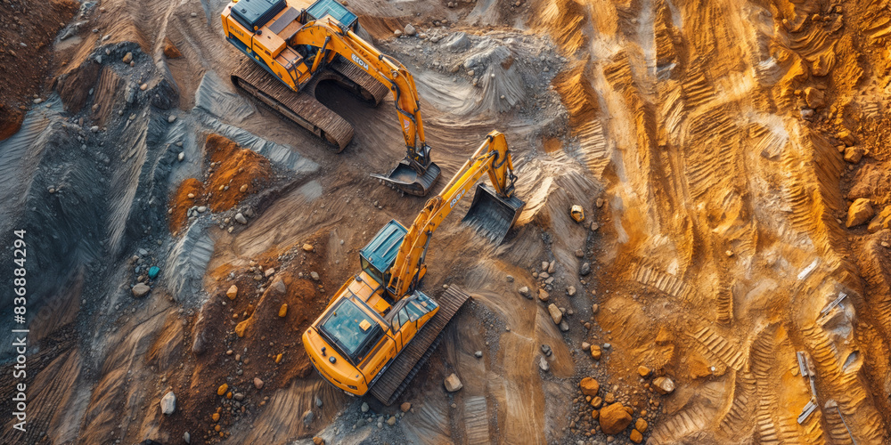 group of excavators working on a construction site group of excavators working on a construction site