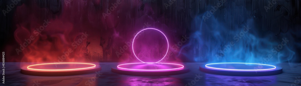 Vibrant neon circles in red, pink, and blue against a dark backdrop, perfect for futuristic or technology-themed projects. Vibrant neon circles in red, pink, and blue against a dark backdrop, perfect for futuristic or technology-themed projects.