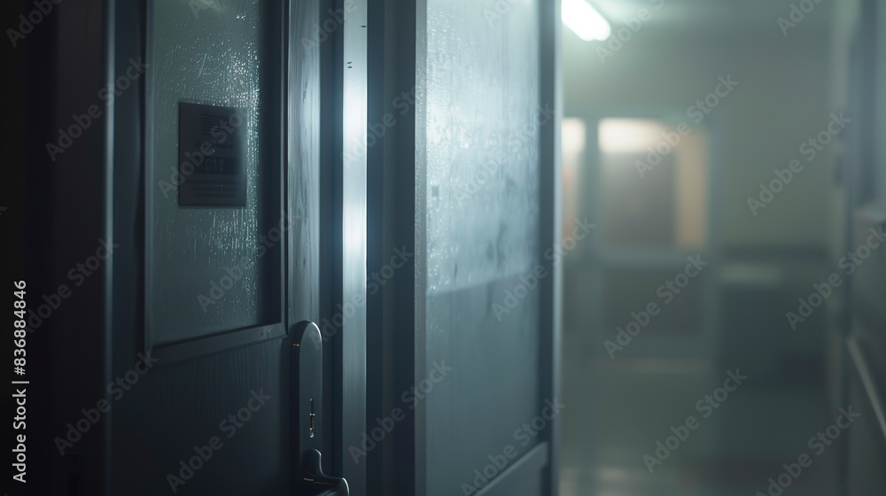 Close-up of foggy hospital entrance, no people, gloomy, soft focus, dim lighting Close-up of foggy hospital entrance, no people, gloomy, soft focus, dim lighting