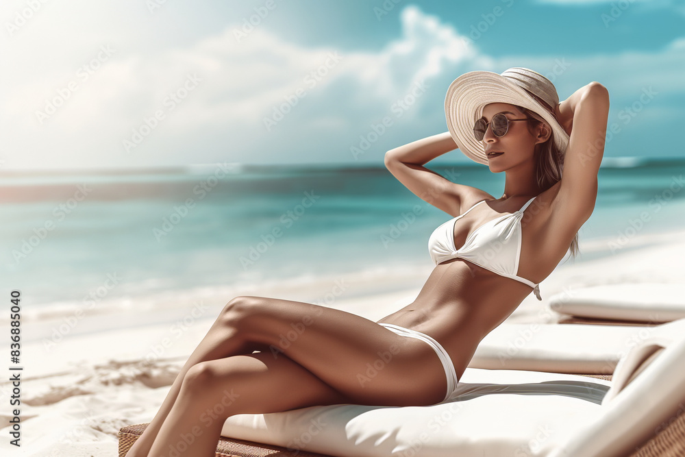Sunbathing woman on tropical beach with sun hat and sunglasses enjoying summer vacation by the sea
Sunbathing woman on tropical beach with sun hat and sunglasses enjoying summer vacation by the sea