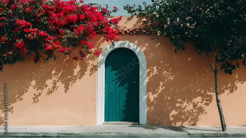 Pale Peach Wall with Bougainvillea Shadows - Soft and Minimalist Floral Design