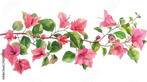 Watercolor illustration of pink bougainvillea flowers and green leaves on a white background.