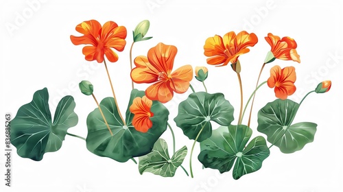 Fototapeta Naklejka Na Ścianę i Meble -  Vibrant watercolor illustration of orange nasturtium flowers with lush green leaves on a white background. Perfect for botanical design projects.