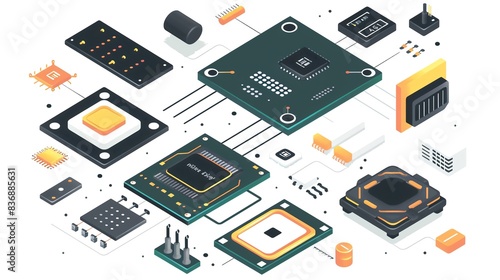Isometric illustration of electronic components and circuit boards, showcasing various chips, capacitors, and resistors in a detailed layout. photo