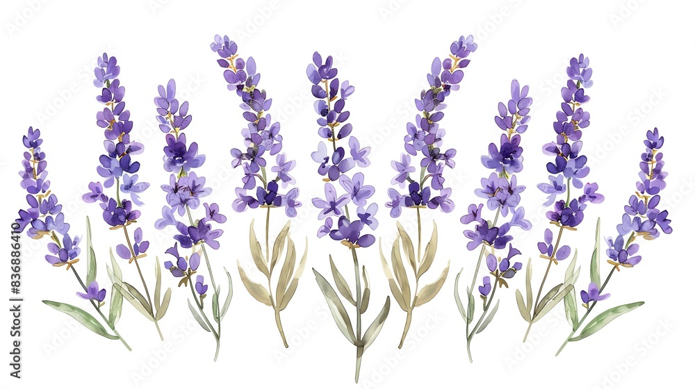 Naklejka premium Delicate watercolor illustration of blooming lavender flowers, perfect for natural and botanical design projects.