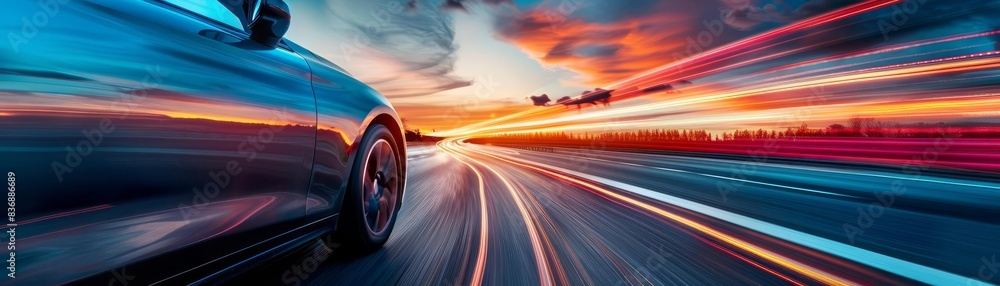 Dynamic Travel A dynamic angle of a car speeding along a highway, the horizon ahead promising new adventures and discoveries Dynamic Travel A dynamic angle of a car speeding along a highway, the horizon ahead promising new adventures and discoveries