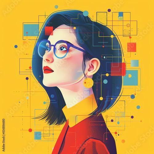 Colorful digital portrait of a woman with glasses, vibrant geometric background, modern art illustration, yellow and red accents