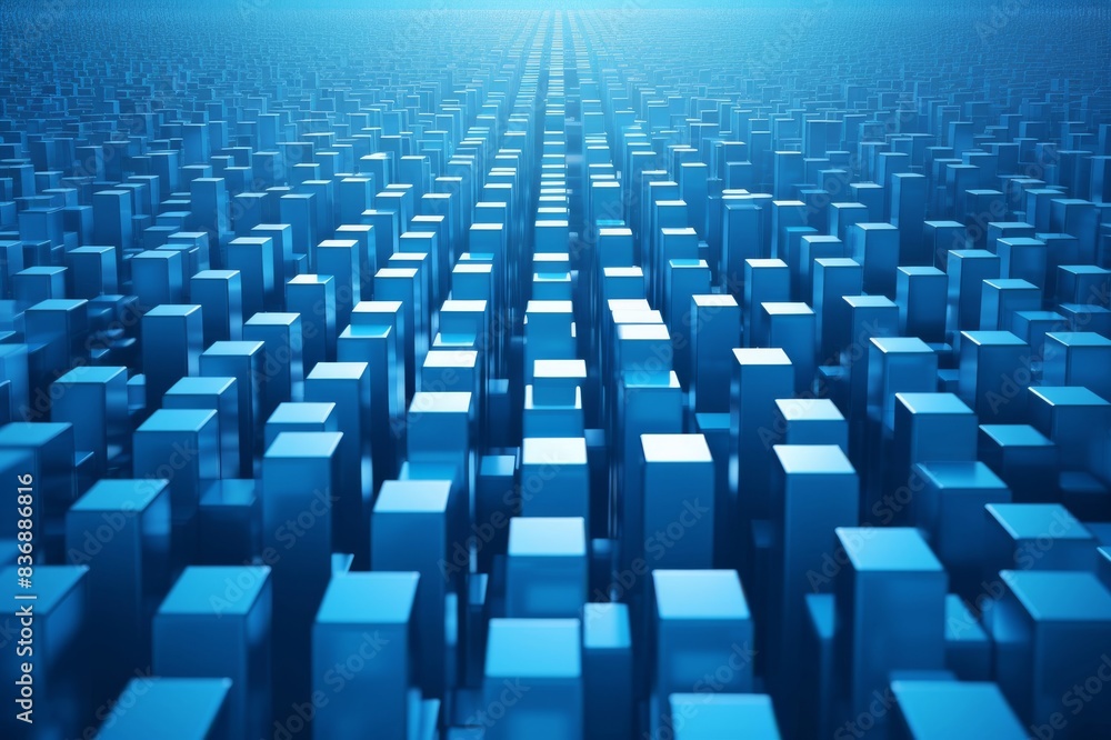 blockchain depicted by hundreds of blue boxes in perspective