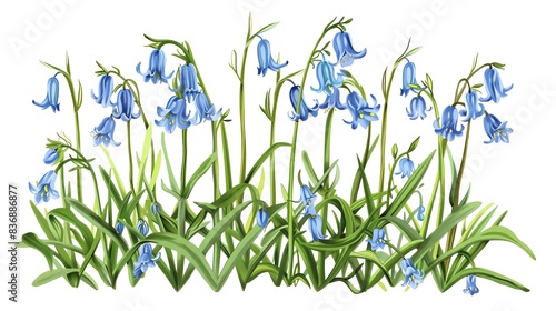 Fototapeta Naklejka Na Ścianę i Meble -  Beautiful watercolor illustration of bluebell flowers in full bloom with lush green leaves, isolated on a white background.